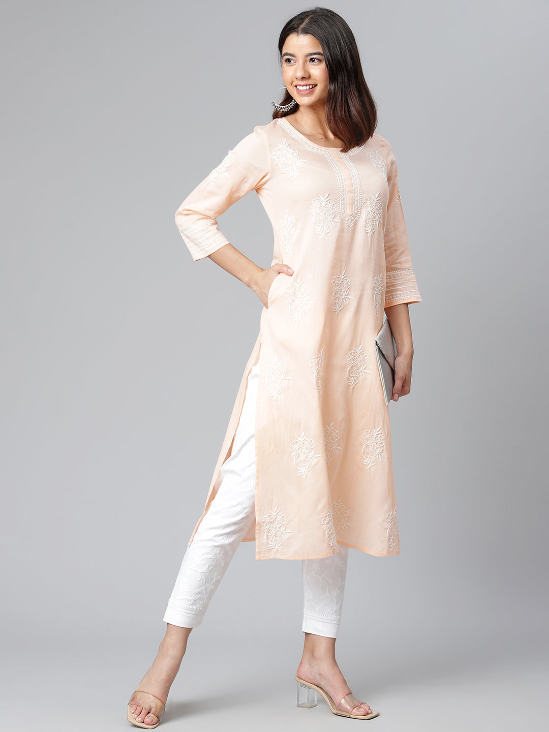 Peach Self Striped Kurta with Off-White Embroidery