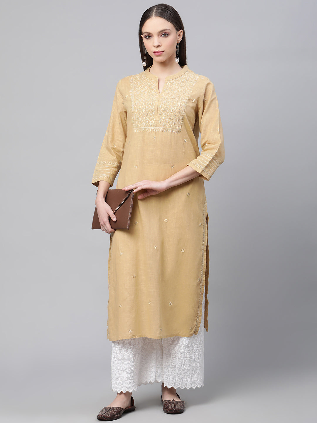 Beige Cotton Chikankari Straight Kurta