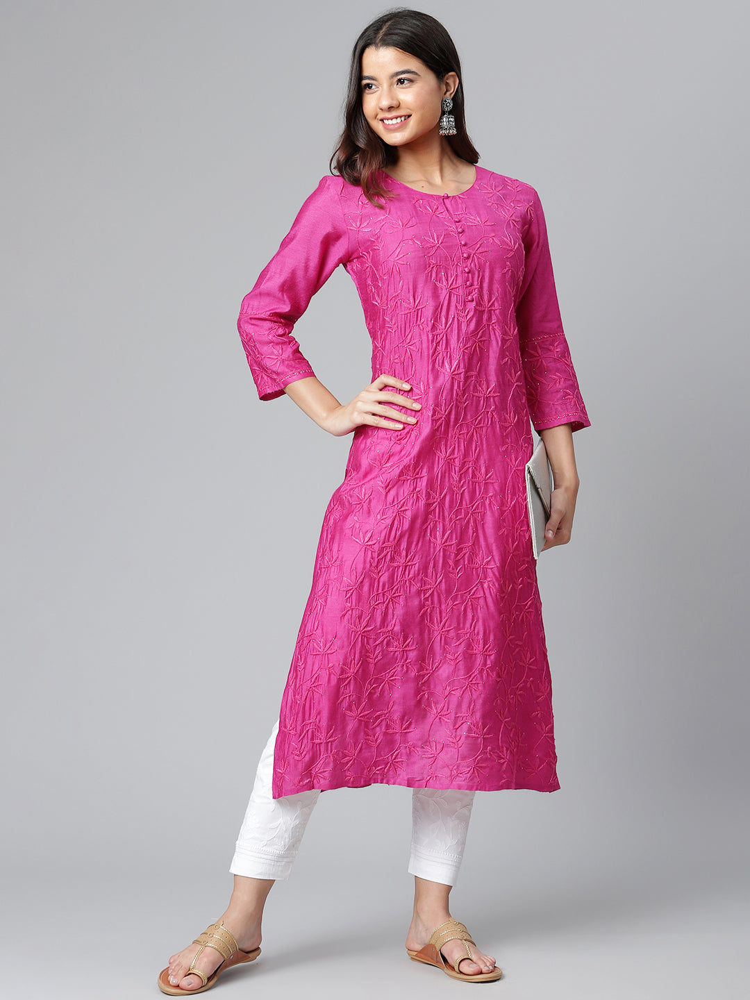 Pure Silk Magenta Chikankari Kurta