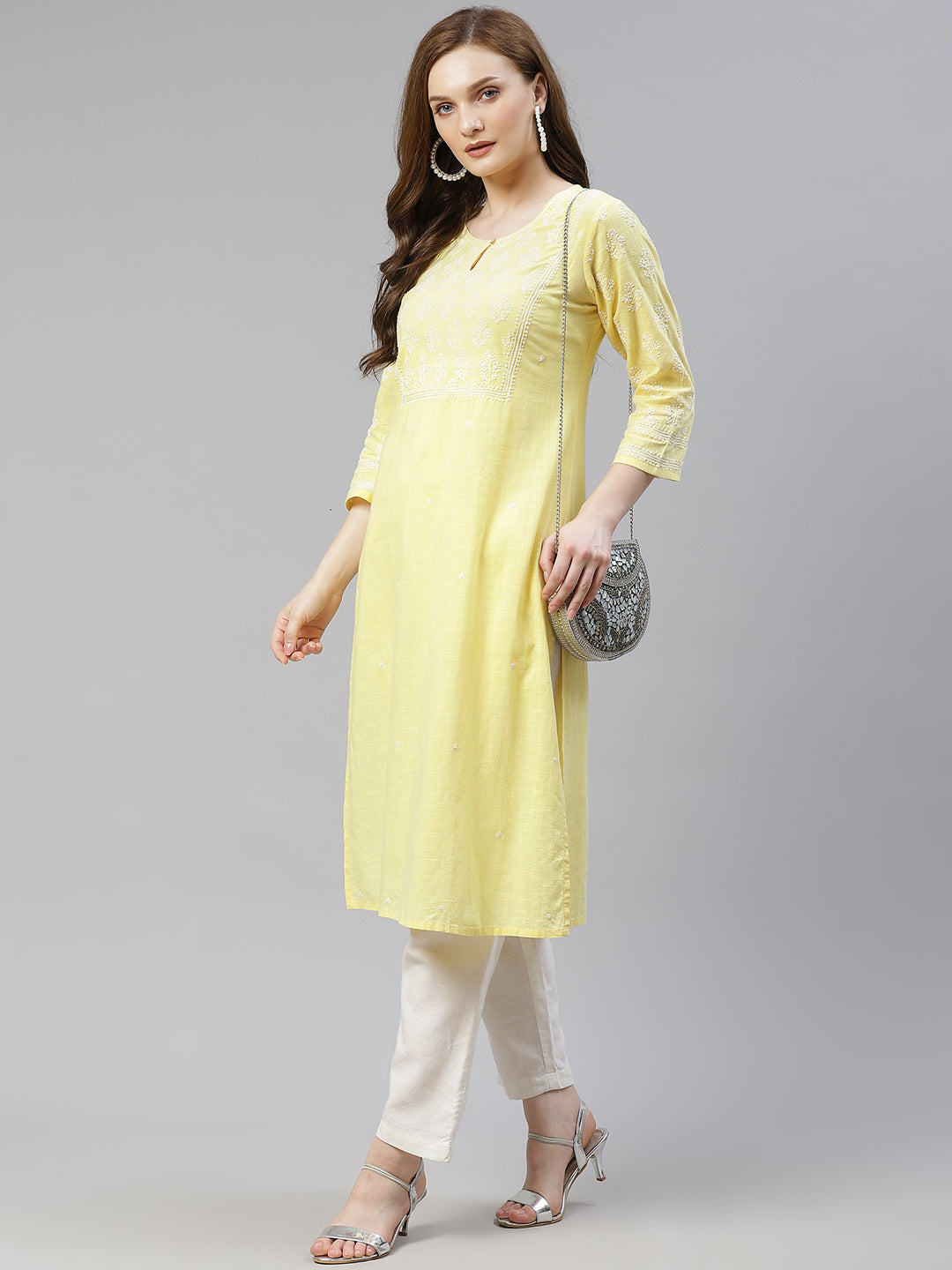 Yellow Cotton Slub Hand-Embroidered Kurta