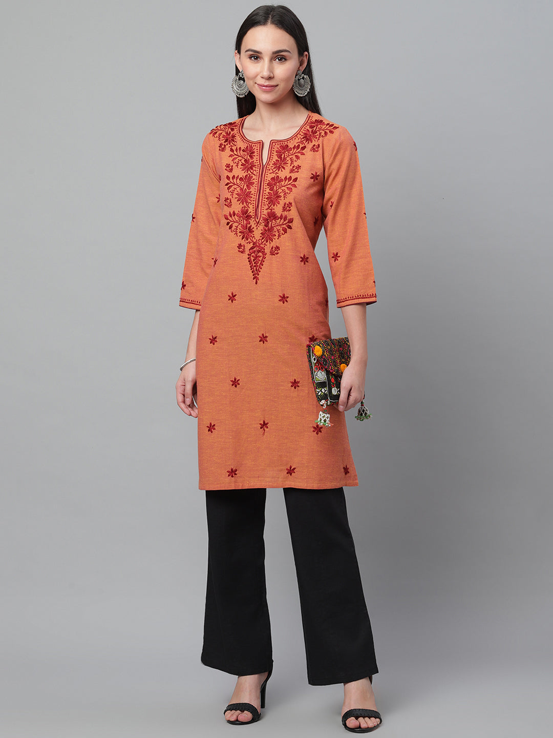 Rust Mangalgiri Embroidered Kurta
