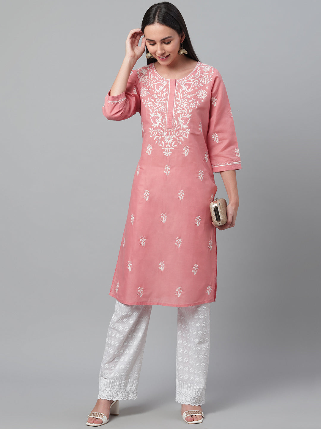 Old Rose Chikankari Straight Kurta