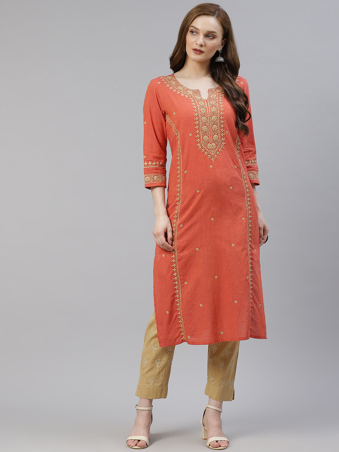 Rust Self-Striped Chikankari Kurta