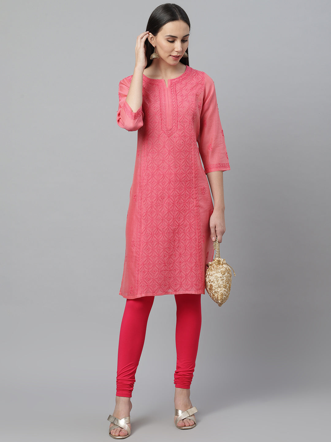 Coral Chanderi Chikankari Straight Kurta