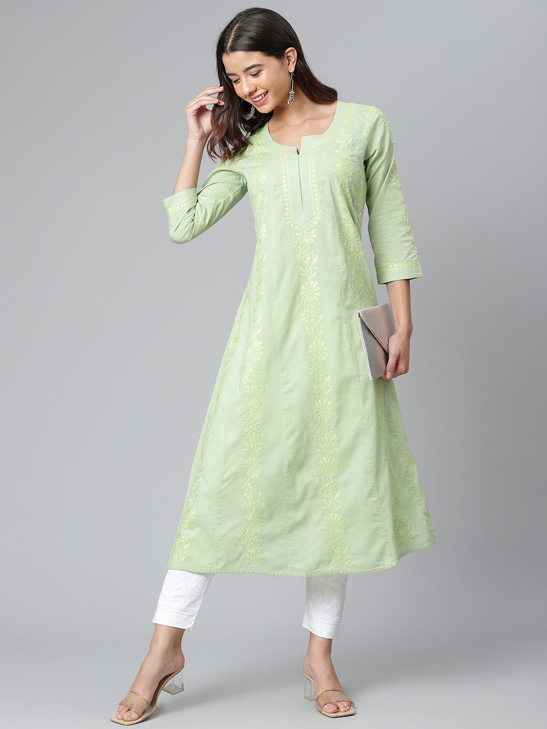 Cotton Embroidered Pista Green A-line Kurta