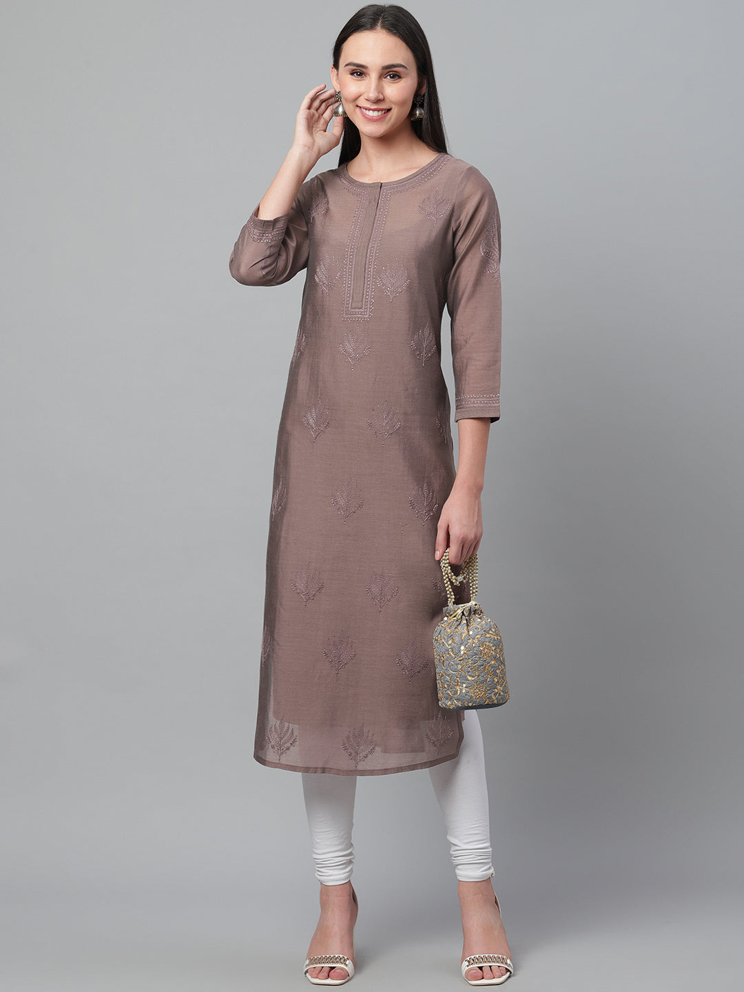 Taupe Chikankari Silk Festive Kurta