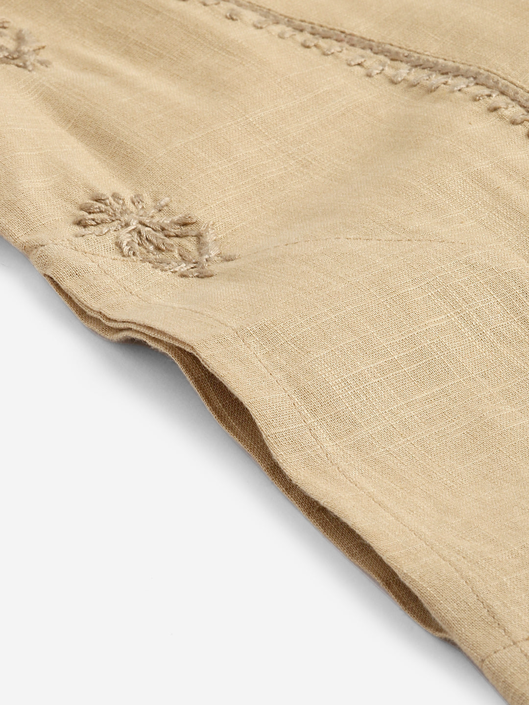Beige Slub Kurta with Round Yoke