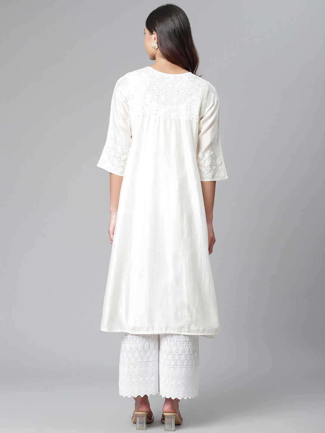 Off White Pure Chanderi Silk Chikankari Kurta