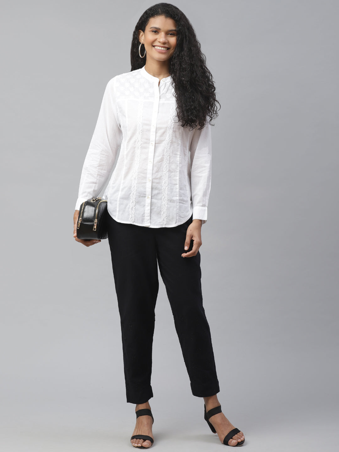 White Chikankari Embroidered Detail Casual Shirt