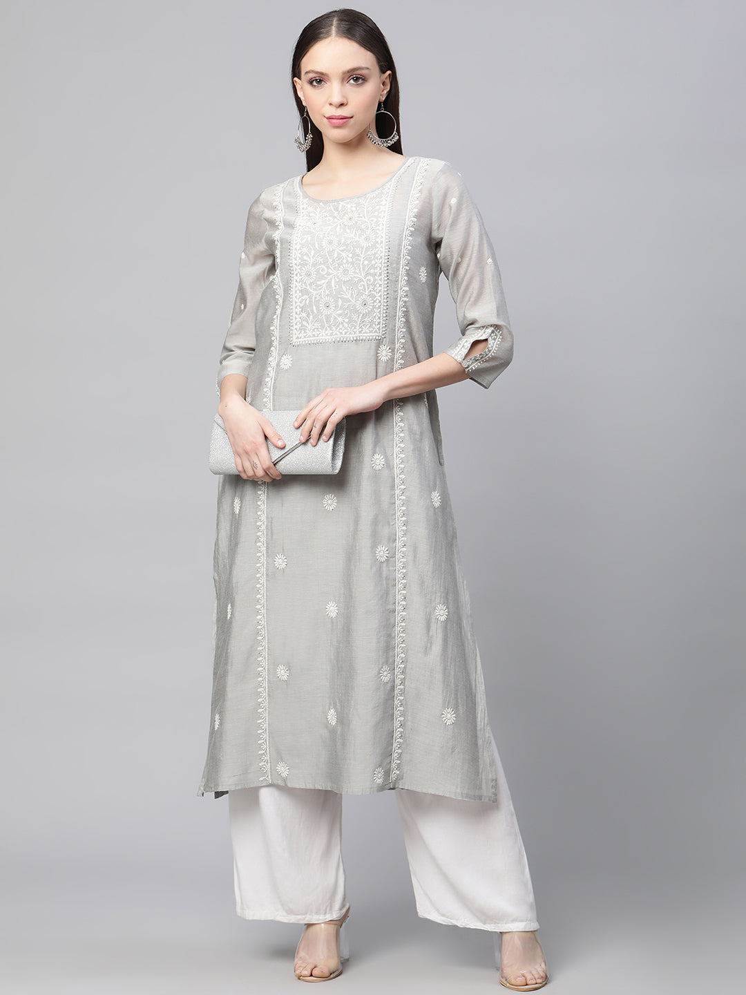 243 Grey Chanderi Silk Chikankari Kurta