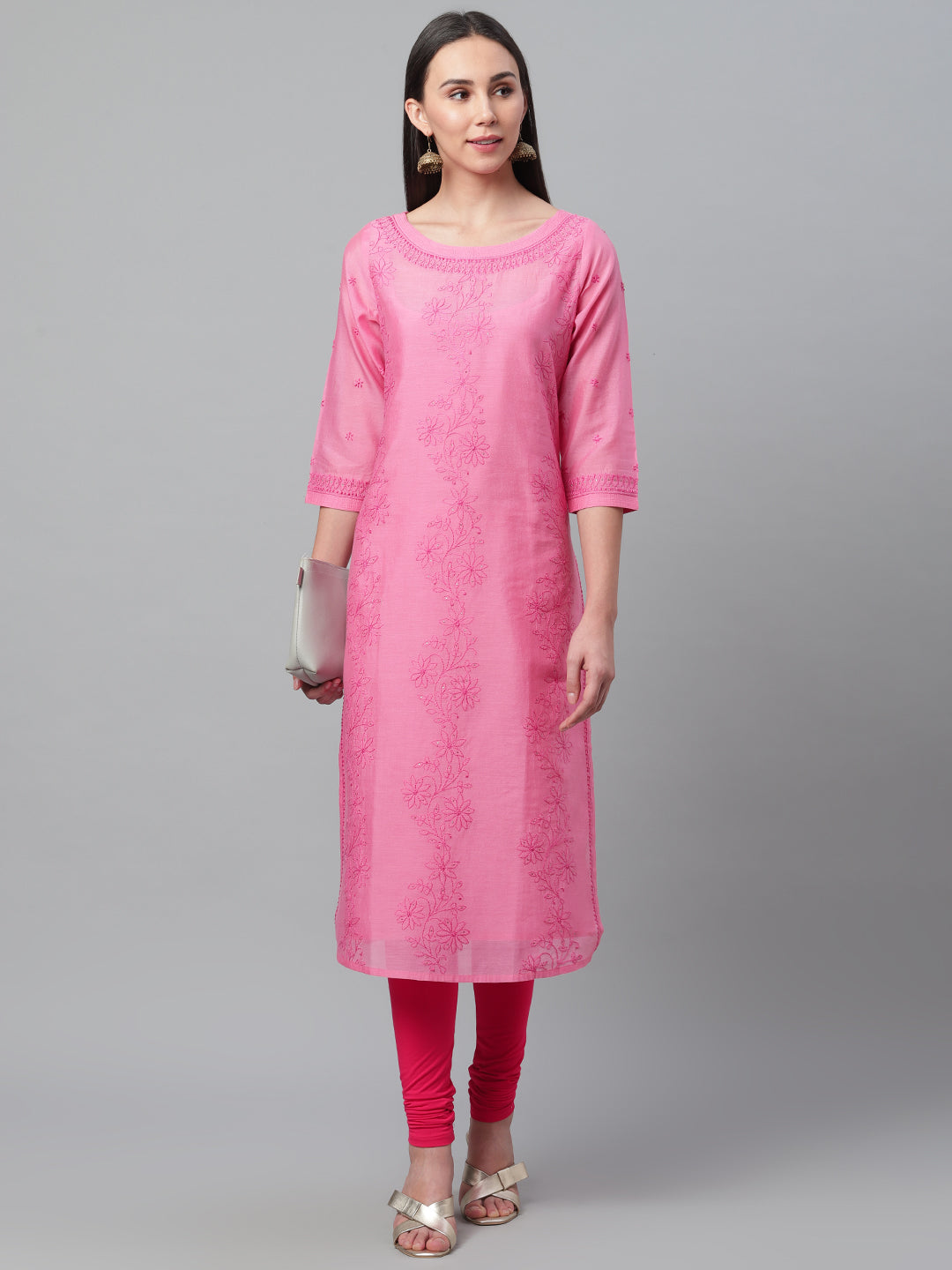 Pink Silk Chikankari Boat Neck Kurta