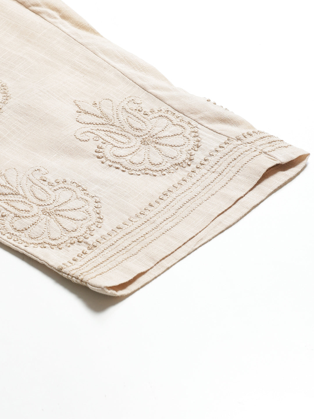 Beige Tapered Chikankari Embroidered Trousers