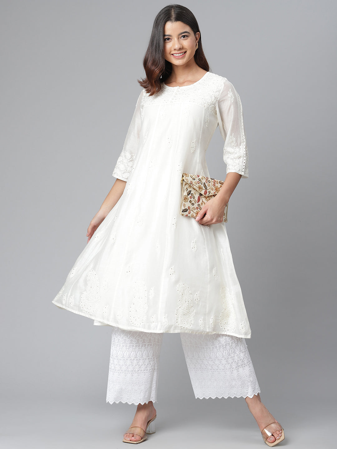 Off White Pure Chanderi Silk Chikankari Kurta