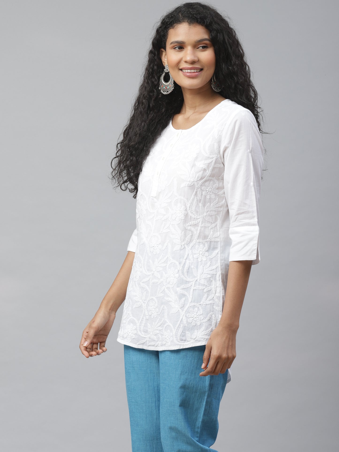 White Chikankari Embroidered High-Low Top