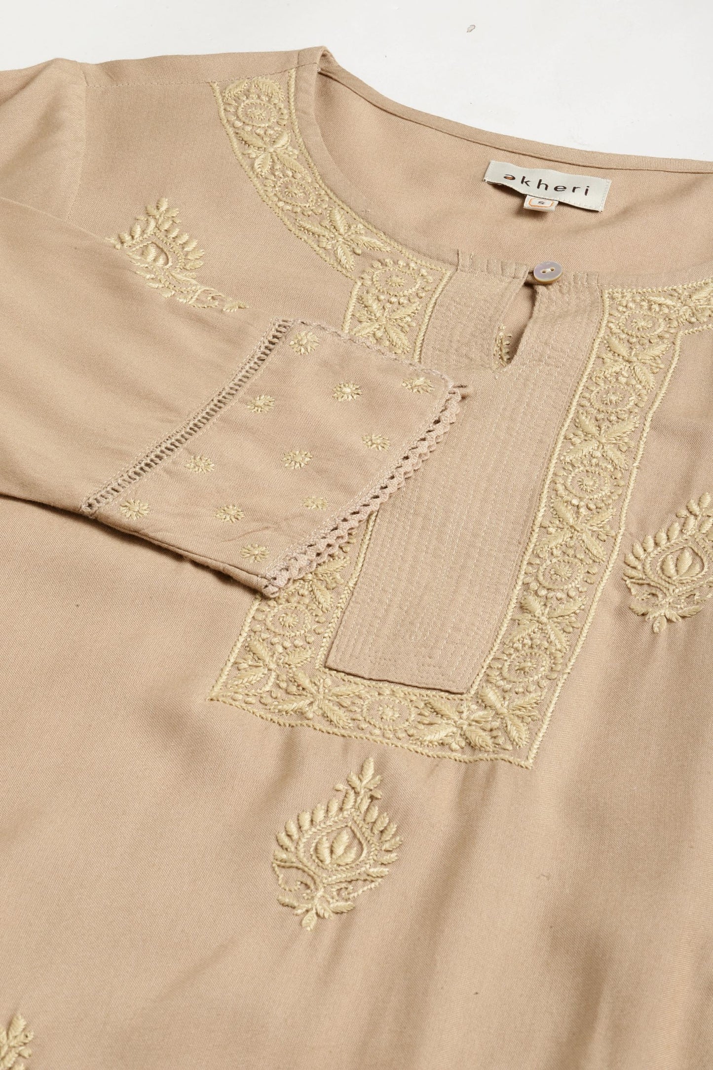 Beige Chikankari Kurta with Pockets