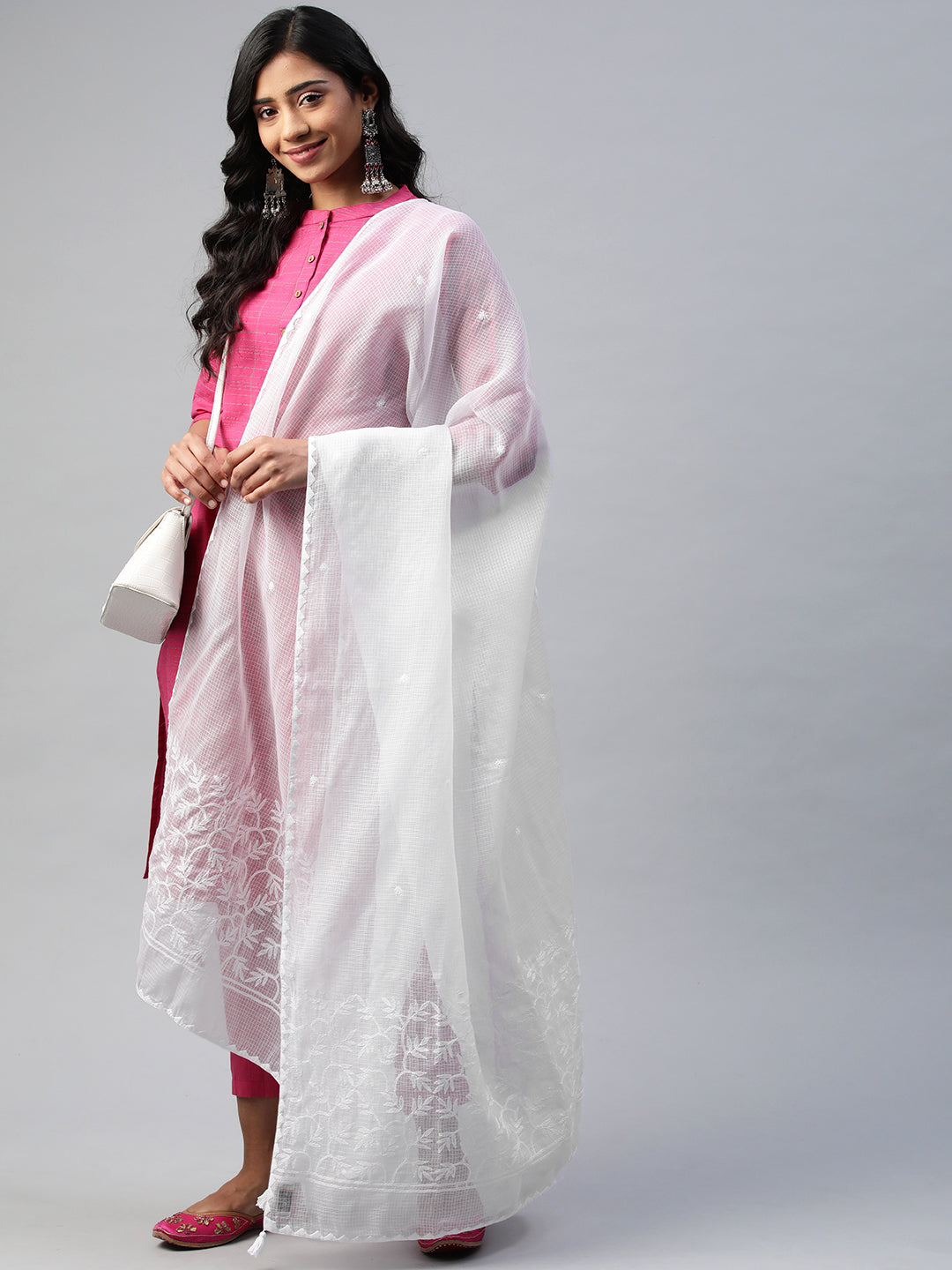 Chikankari White Kota Dupatta