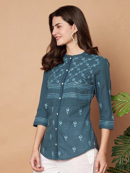 Teal Chikankari Hand-embroidered Shirt