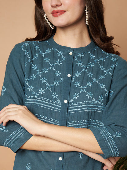 Teal Chikankari Hand-embroidered Shirt