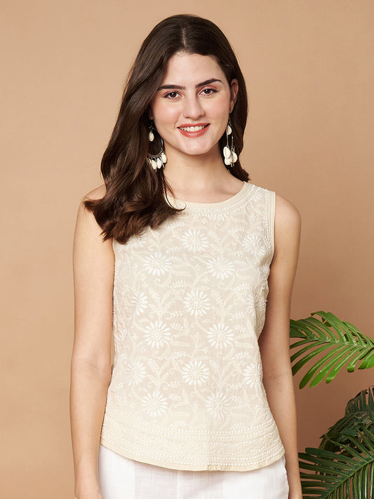 Beige Handcrafted Summer Chikankari Top