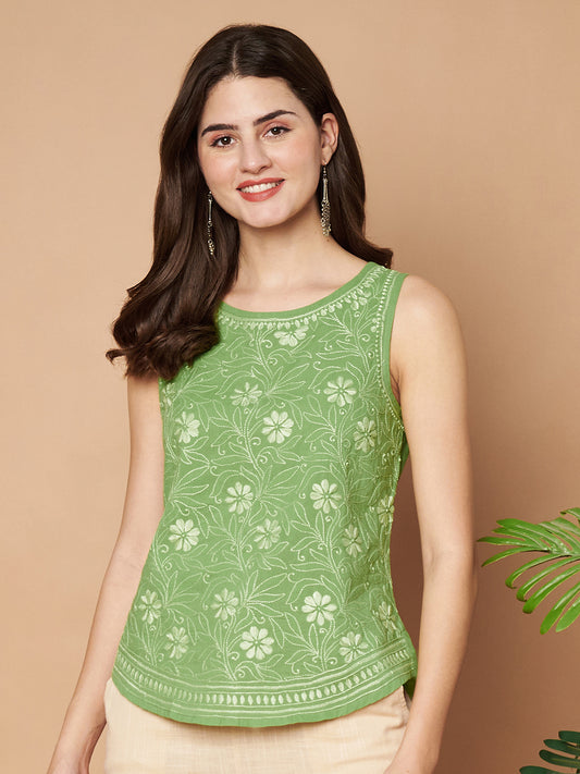 Matcha Green Hand-embroidered Summer Chikankari Top