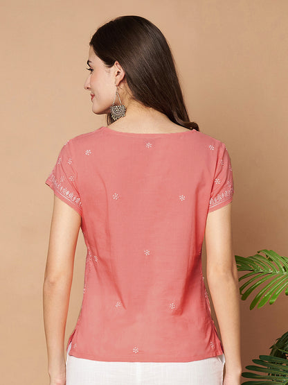 Peach Chikankari Short Top