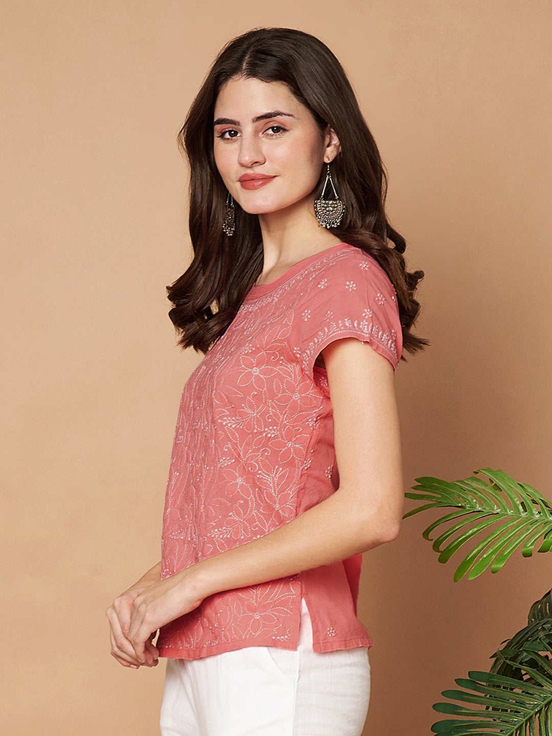 Peach Chikankari Short Top