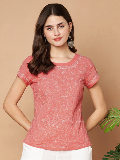 Peach Chikankari Short Top
