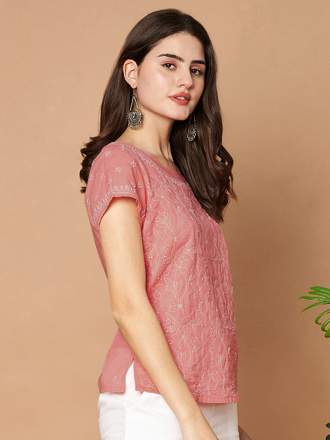 Peach Chikankari Short Top