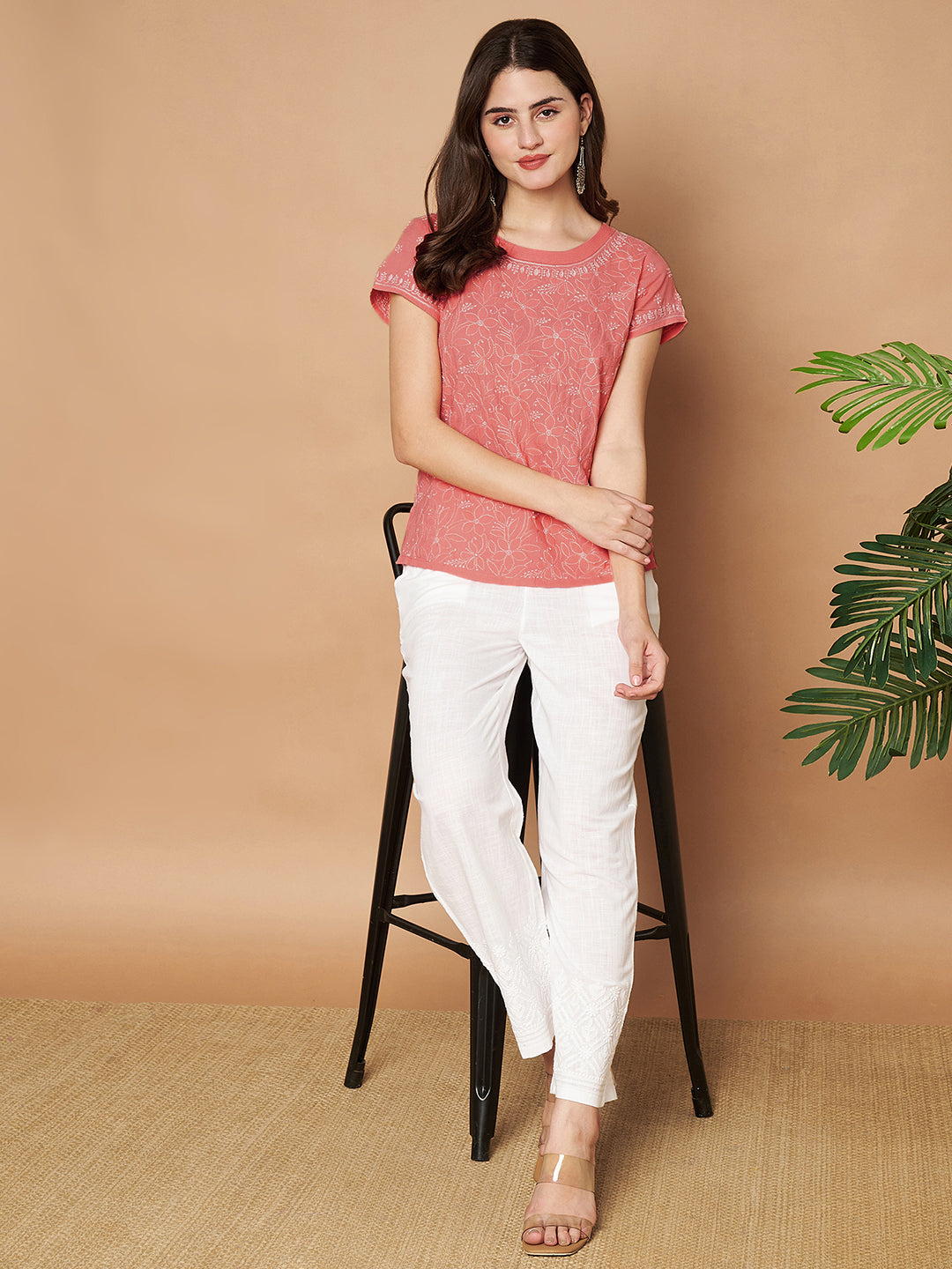 Peach Chikankari Short Top