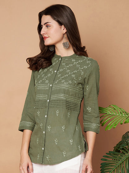 Olive Hand-embroidered Chikankari Shirt