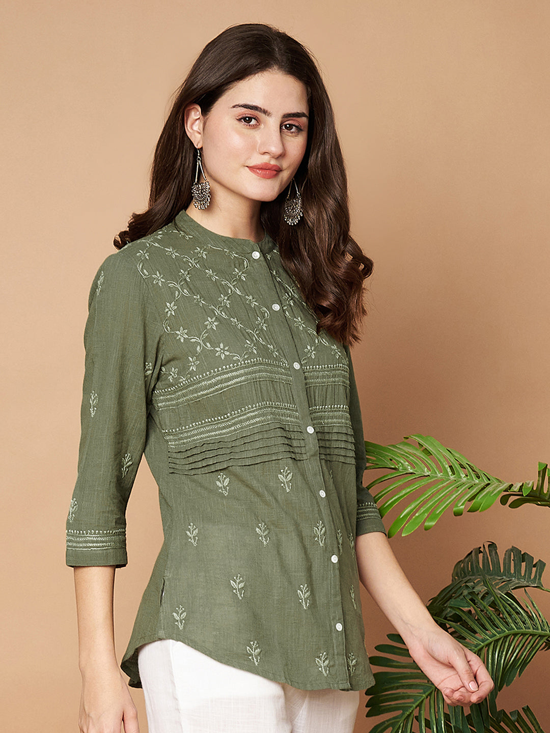 Olive Hand-embroidered Chikankari Shirt