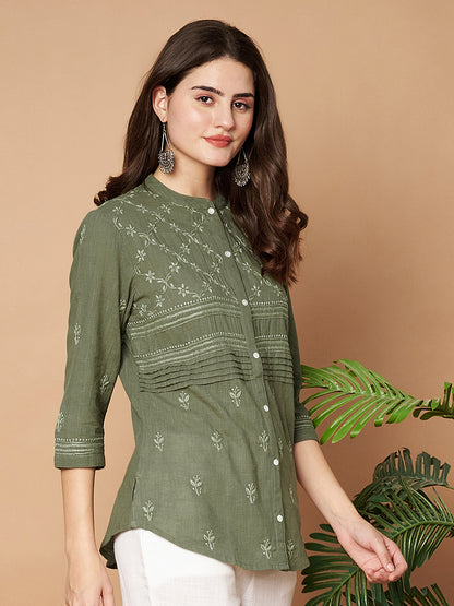 Olive Hand-embroidered Chikankari Shirt