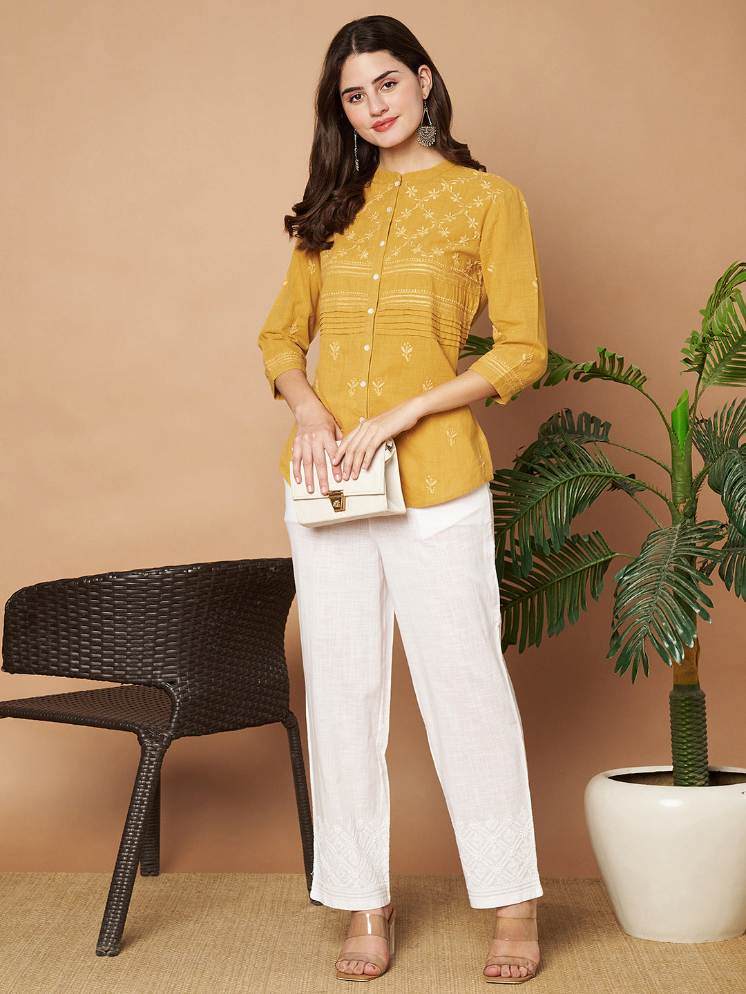 Mustard Cotton Chikankari Shirt