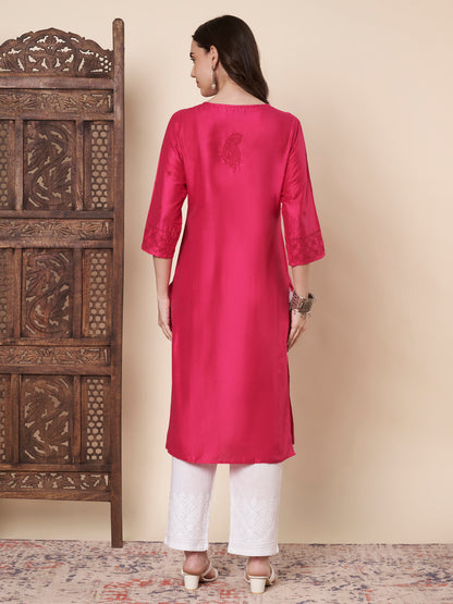 Silk Blend Raspberry Chikankari Kurta