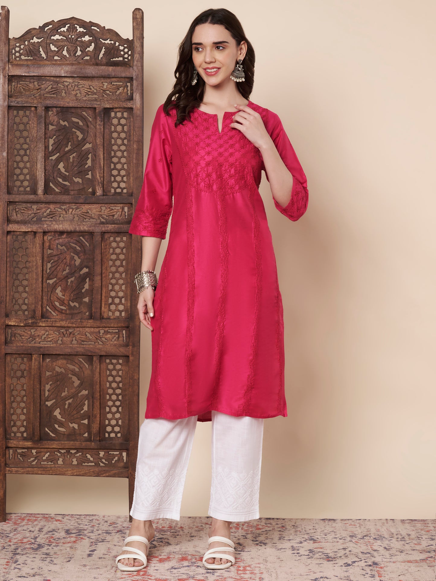 Silk Blend Raspberry Chikankari Kurta