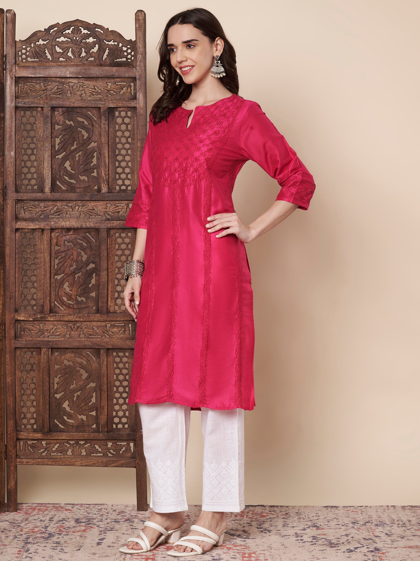 Silk Blend Raspberry Chikankari Kurta