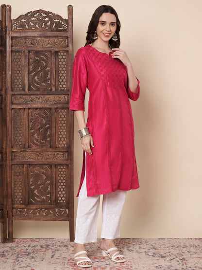 Silk Blend Raspberry Chikankari Kurta
