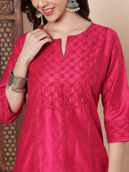 Silk Blend Raspberry Chikankari Kurta
