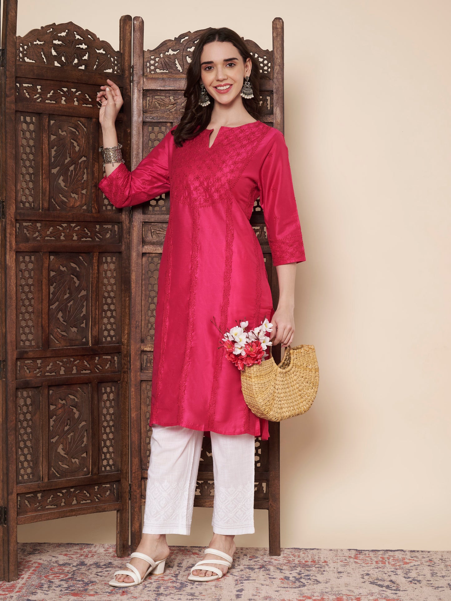 Silk Blend Raspberry Chikankari Kurta