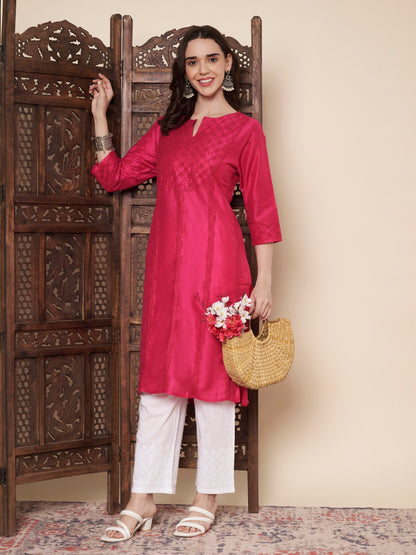 Silk Blend Raspberry Chikankari Kurta