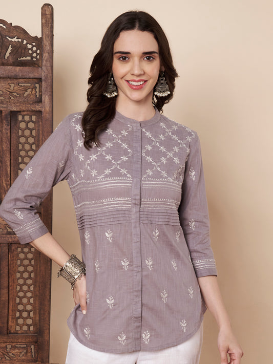 Grey Hand-embroidered Chikankari Shirt