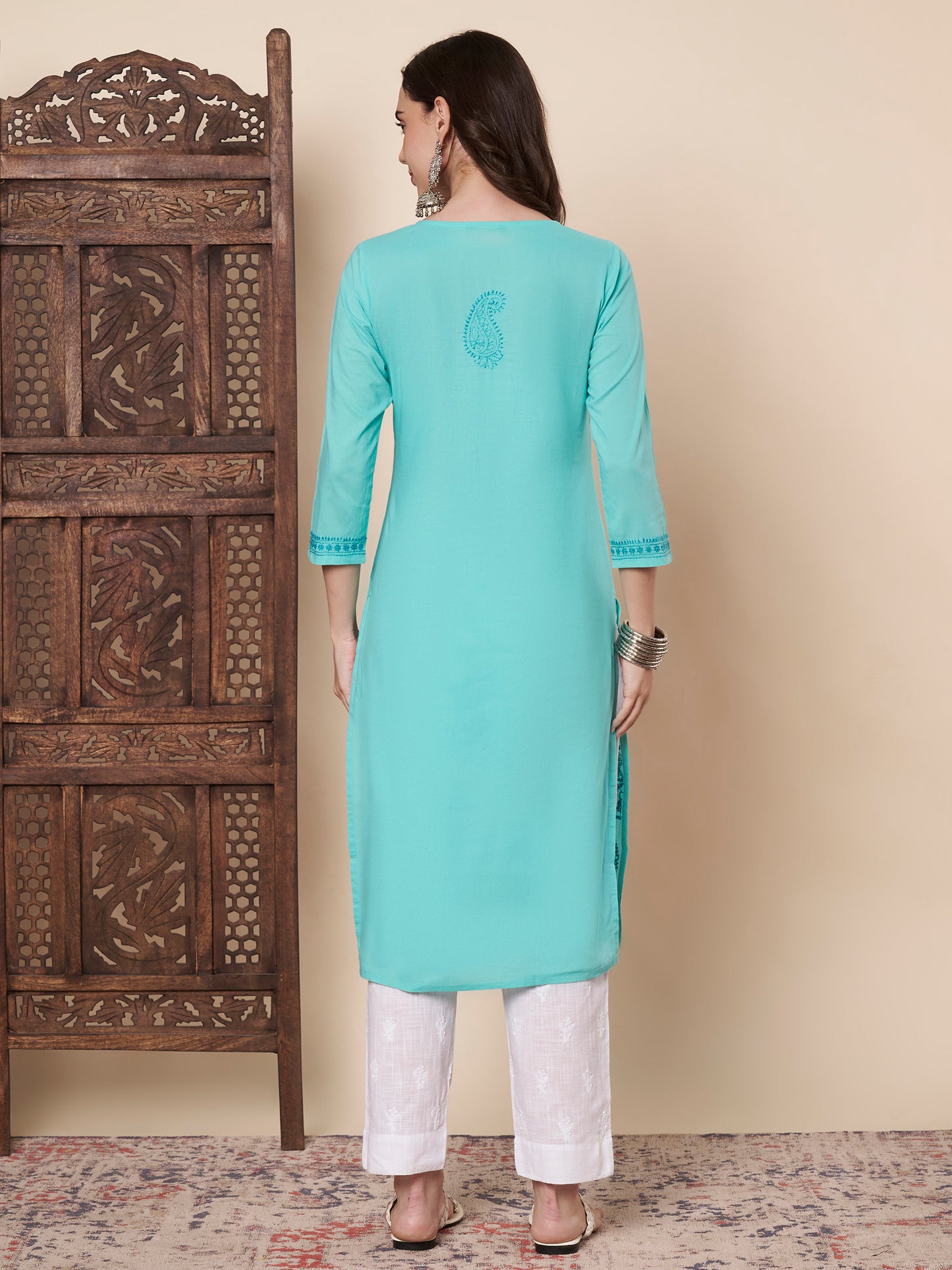 Turquoise Cotton Chikankari Kurta