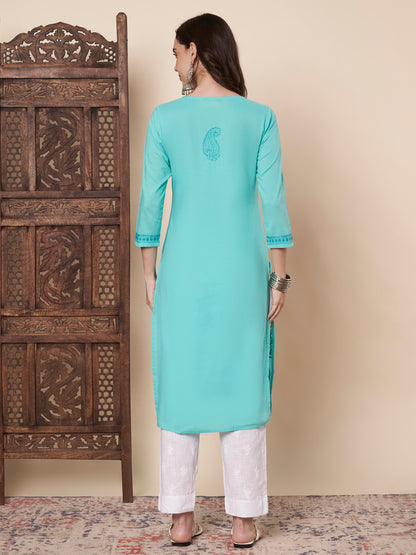 Turquoise Cotton Chikankari Kurta