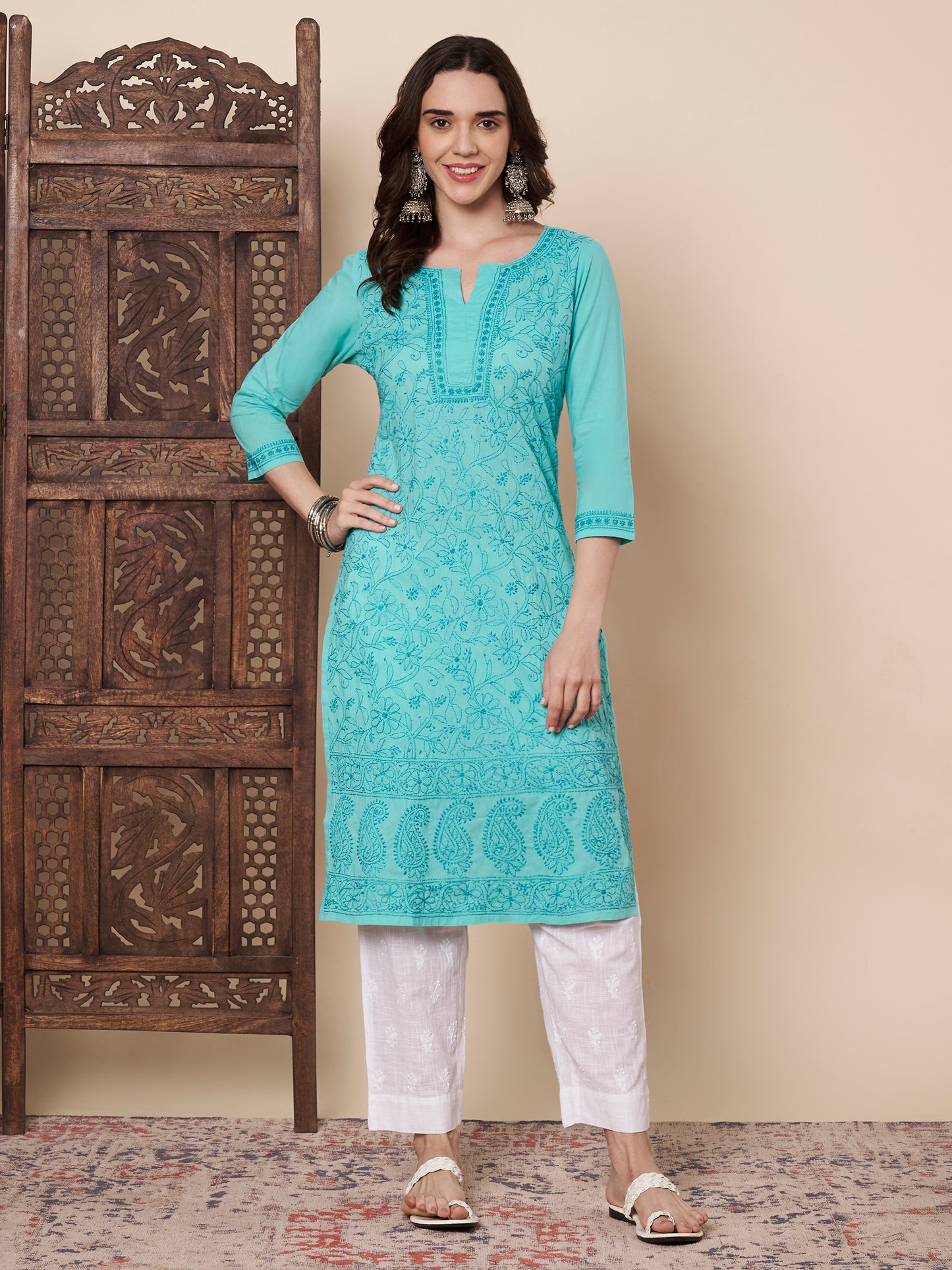 Turquoise Cotton Chikankari Kurta