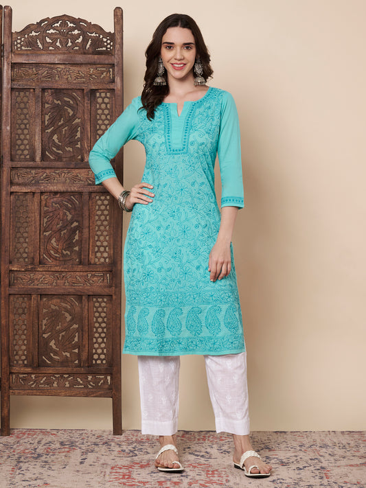 Turquoise Cotton Chikankari Kurta