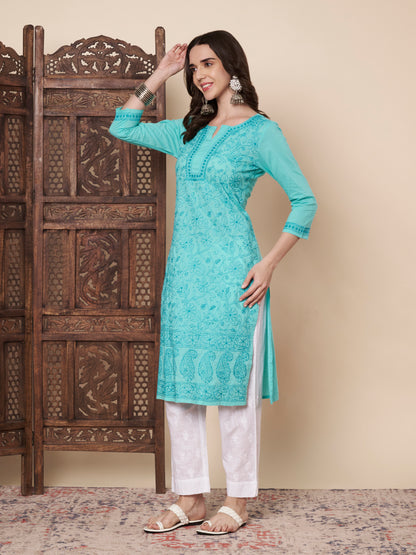 Turquoise Cotton Chikankari Kurta
