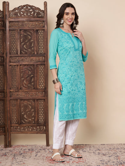 Turquoise Cotton Chikankari Kurta