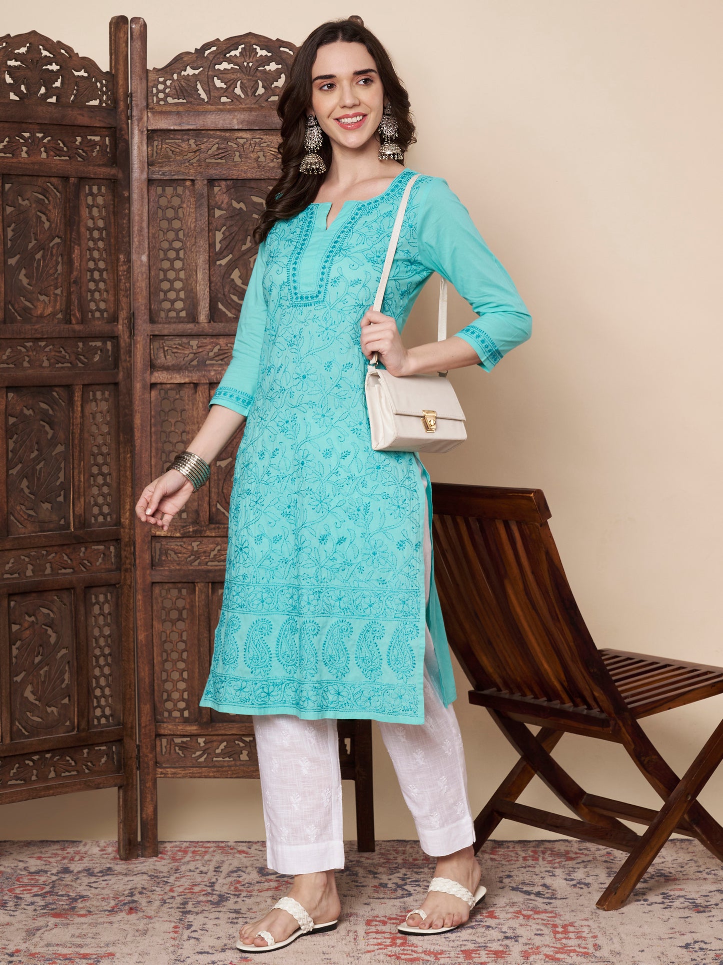 Turquoise Cotton Chikankari Kurta