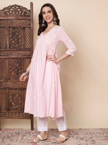 Baby Pink Chikankari Flared Kurta