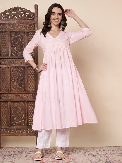 Baby Pink Chikankari Flared Kurta